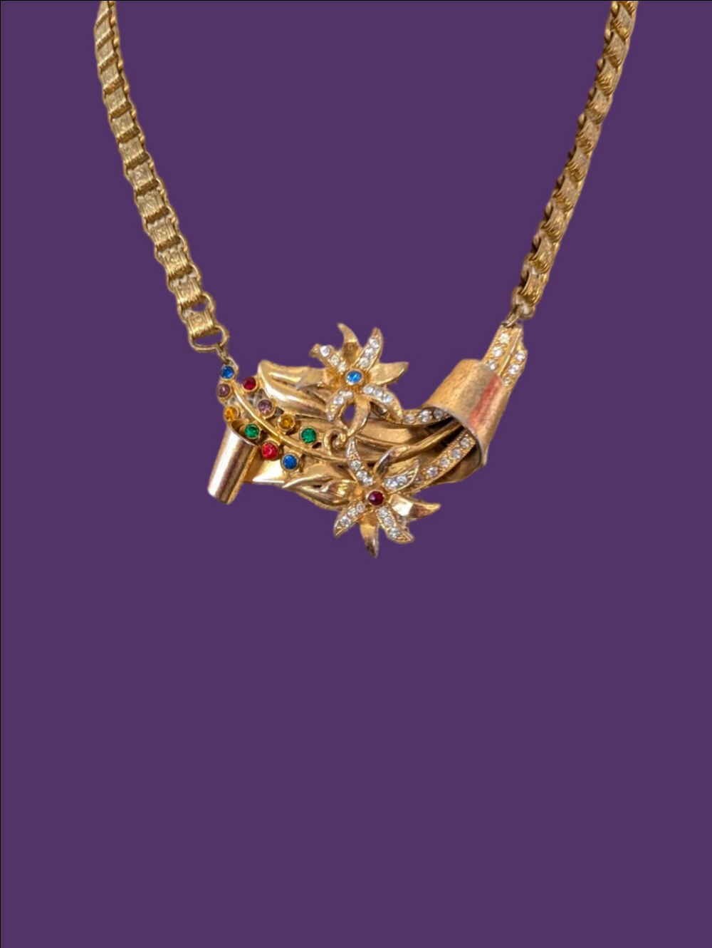 VINTAGE Necklace ART DECO Gold-Tone Floral Rhinestone  Multicolor